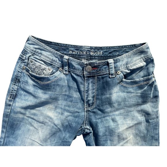 Rythm In Blues Acid Wash Embroidered Pockets Straight Leg Blue Jeans Sz 6 Reg - Picture 3 of 12